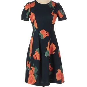 Anthropologie Navy and Orange Floral Midi Dress